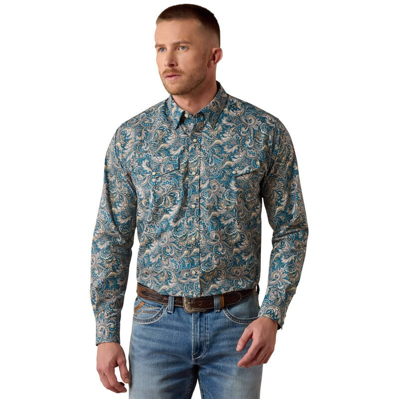 The Cedric Classic Fit LS Pearl Snap Shirt in Blue Paisley by Ariat
