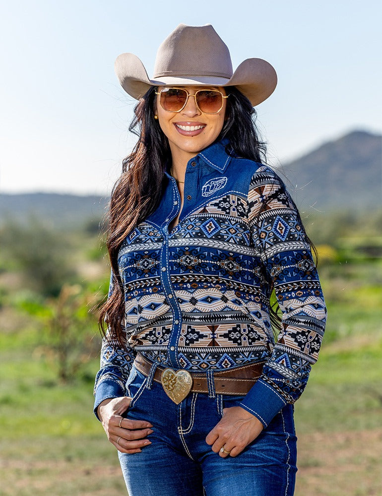 The Aztec Denim Dream Pearl Snap By Cowgirl Tuff Co.