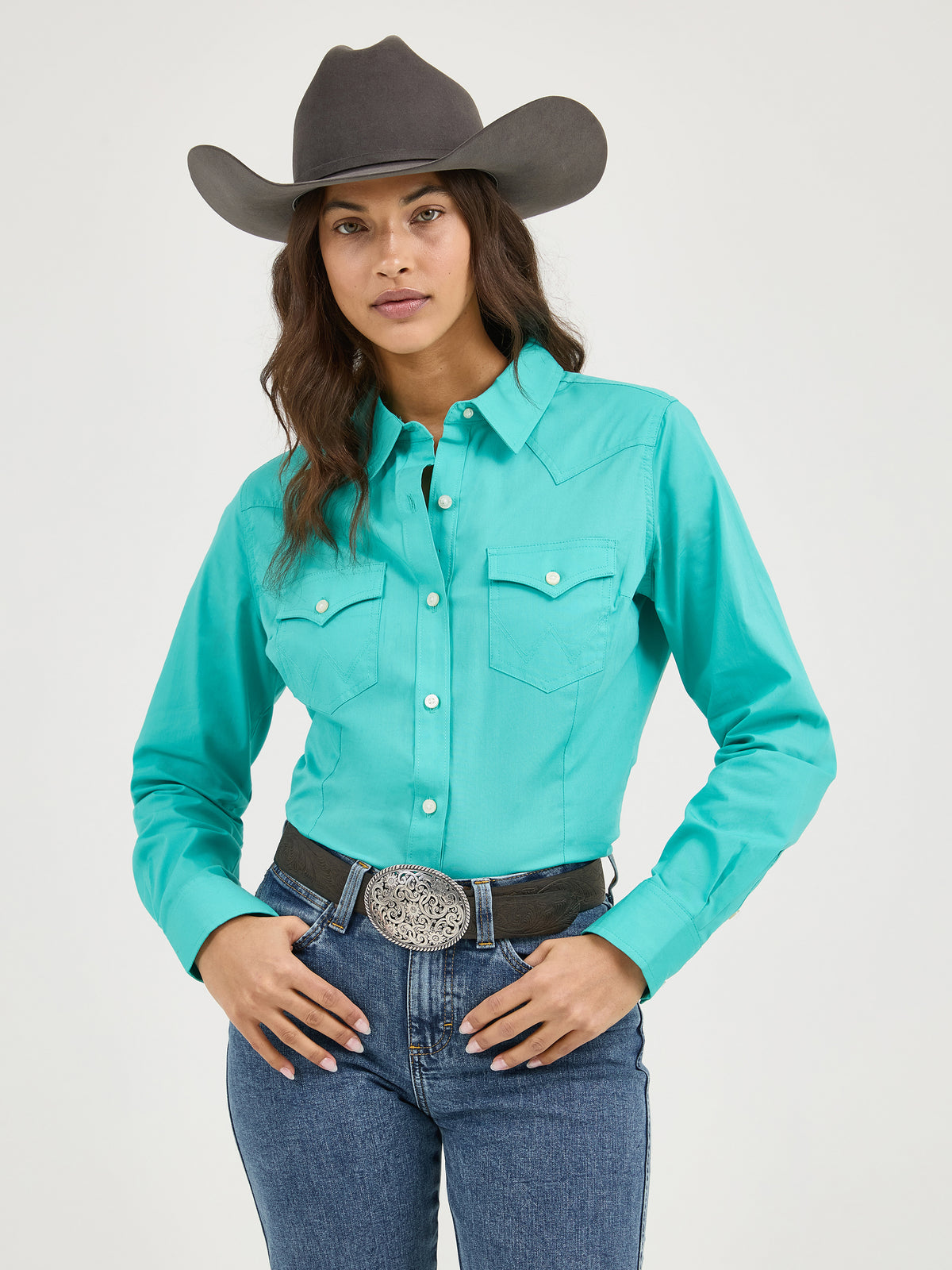 The Cowgirl Candy Turquoise LS Button Up Shirt by Wrangler