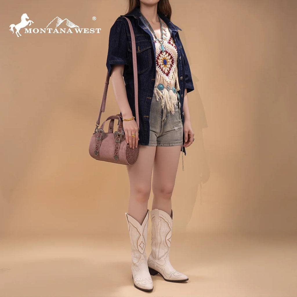 The Double Buckle Barrel Purse by Montana West in Dark Pink
