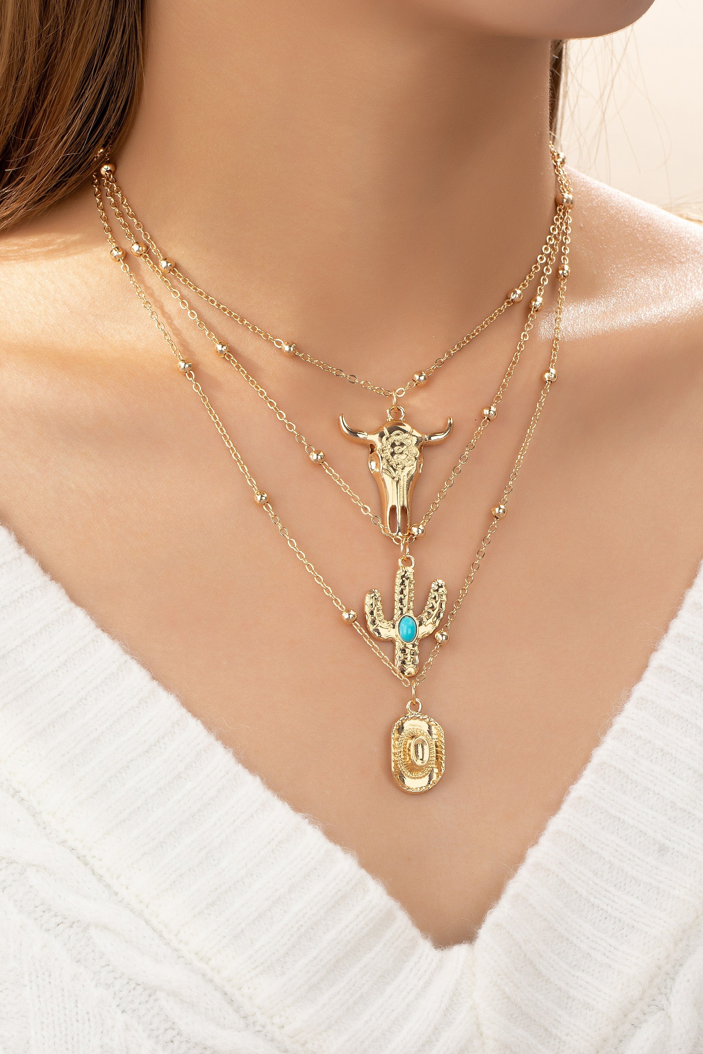 The Essential C's (Cow, Cactus, Cowboy Hat) Stackable Necklaces - Gold