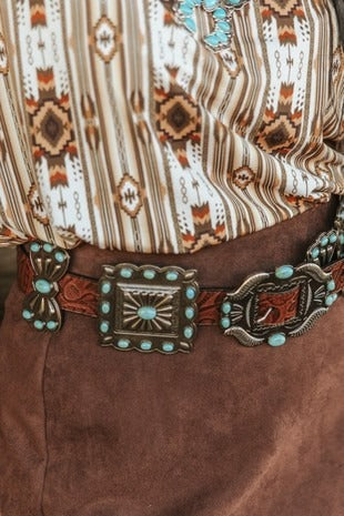 The Cowgirl Candy Turquoise Concho Belt By Lucky & Blessed