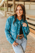 The Cattle Brand Babe Cardigan by Lucky & Blessed in Totally Turquoise