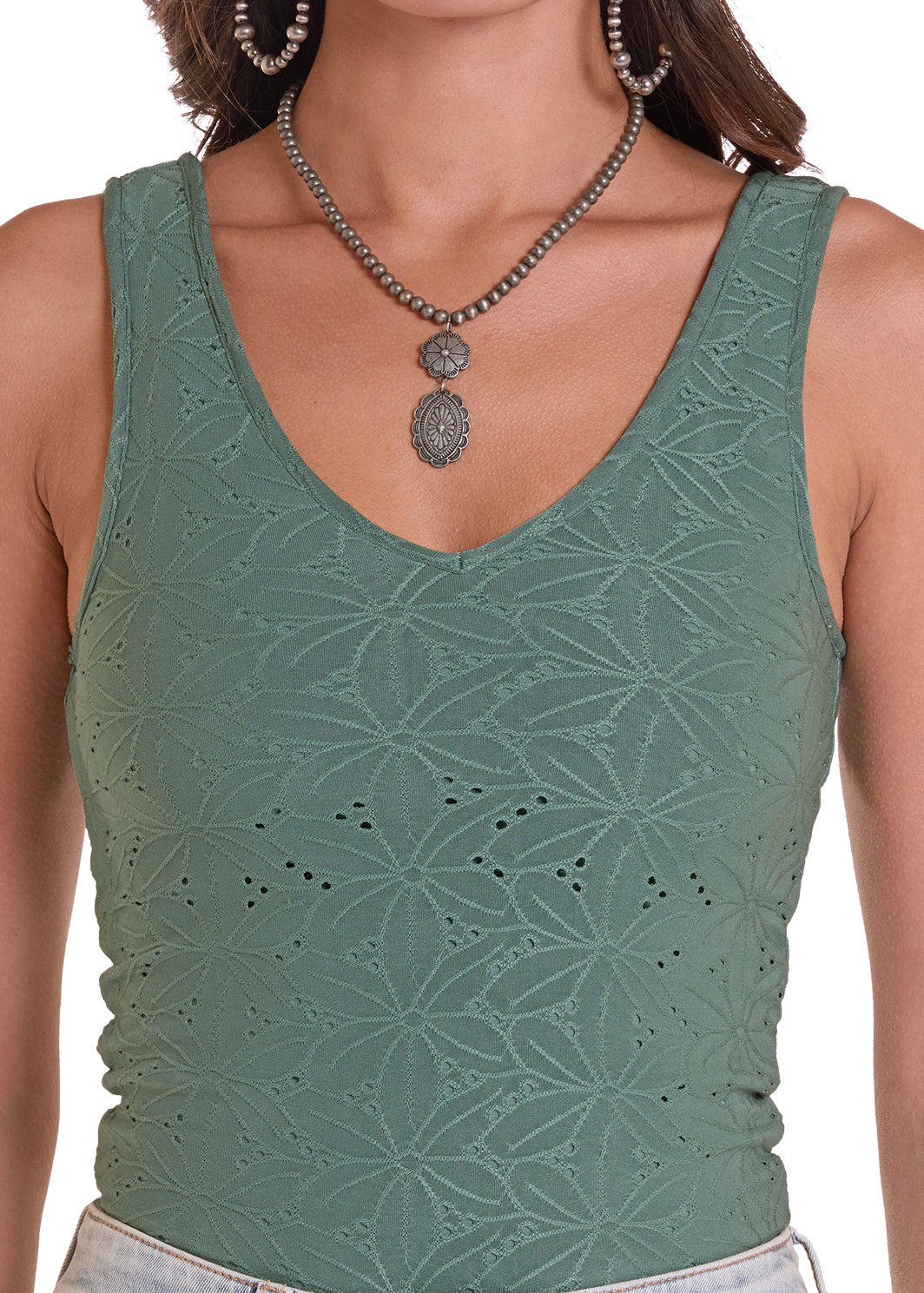 Lacey Jane Eyelet Tank Top by Rock & Roll Denim - Sage