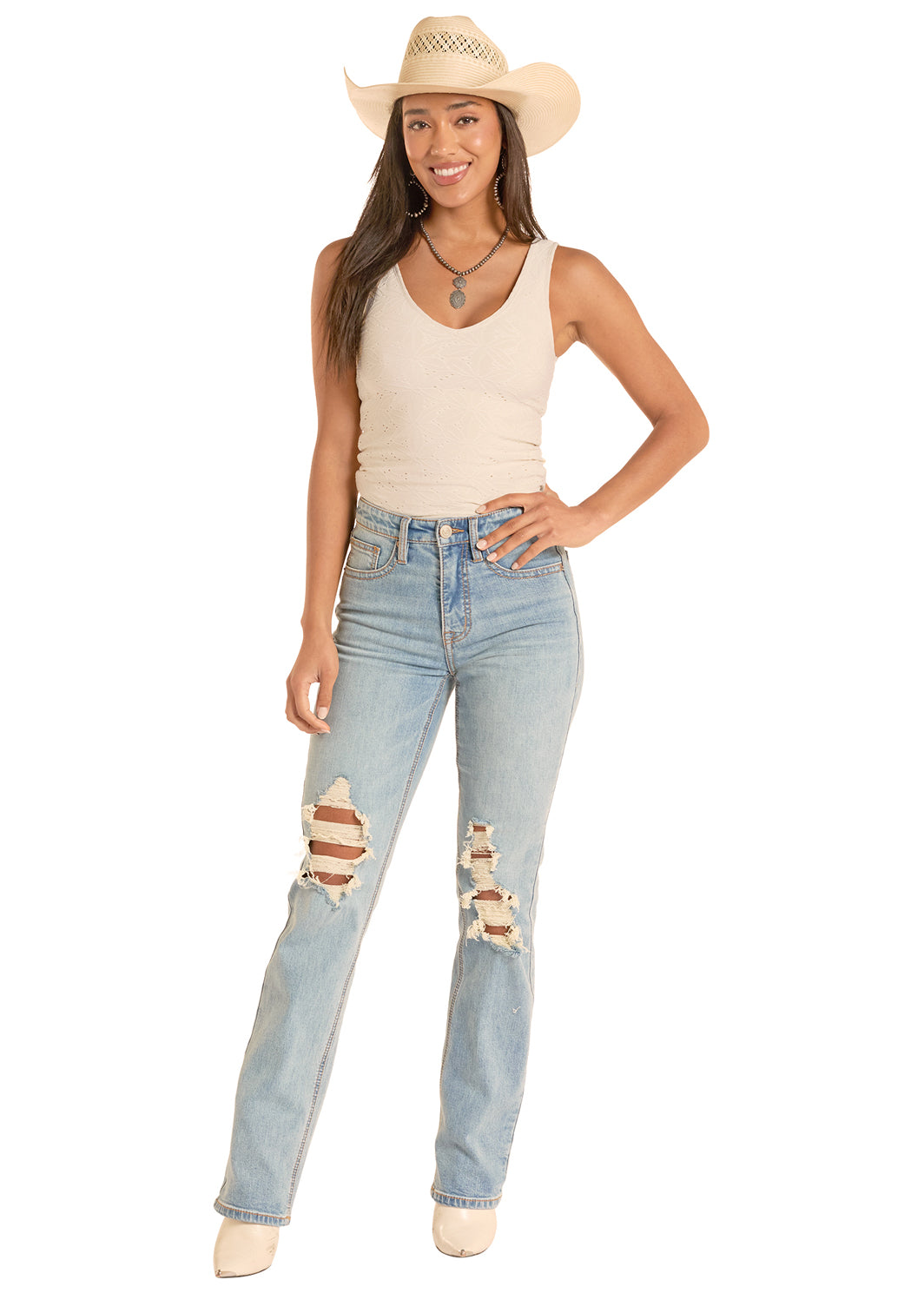 Lacey Jane Eyelet Tank Top by Rock & Roll Denim - Cream