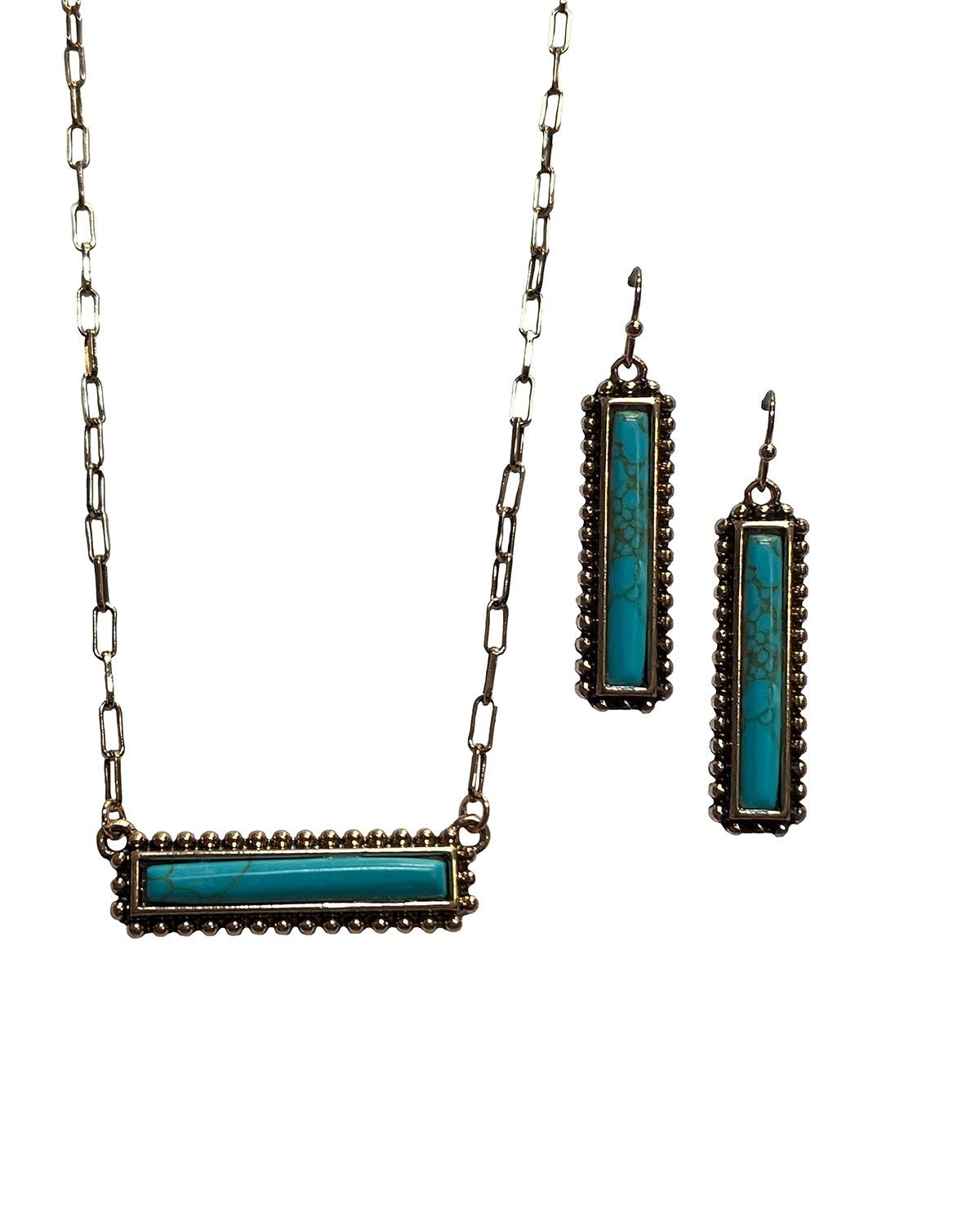 The Bar Down Turquoise Necklace and Earring Set By Blazin Roxx