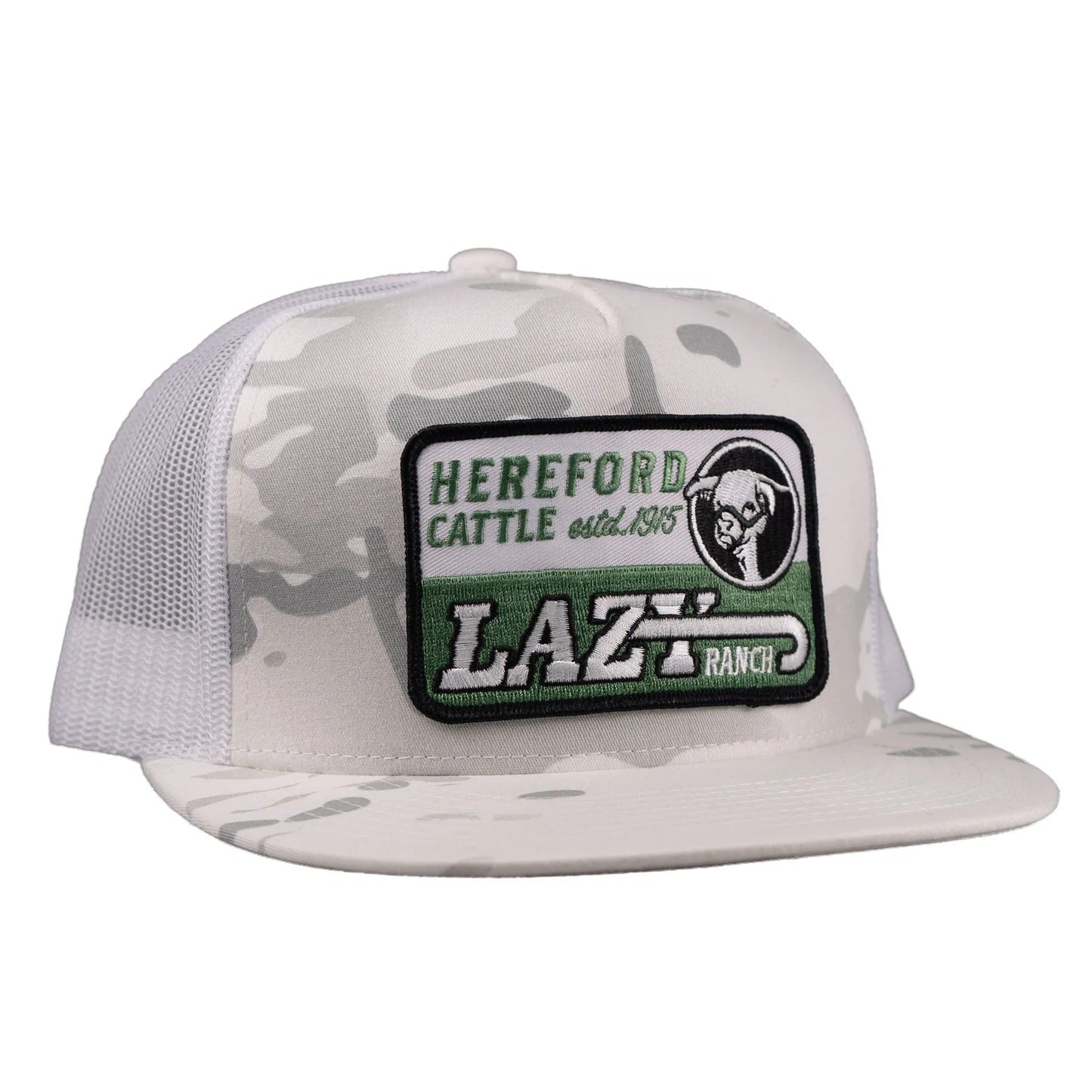 The White Camo Shafter Trucker Cap by Lazy J Ranch