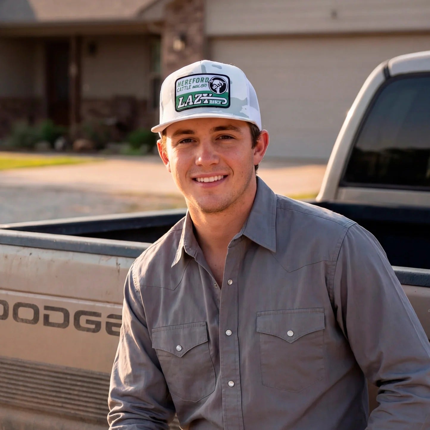 The White Camo Shafter Trucker Cap by Lazy J Ranch