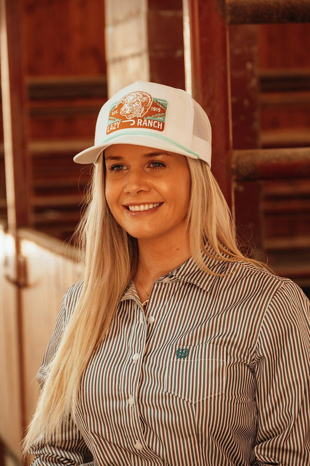 The Presidio Trucker Hat in White by Lazy J Ranch