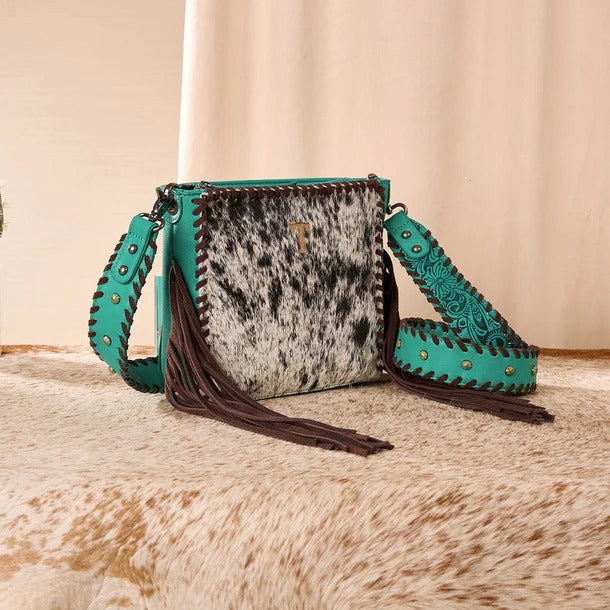 The Lucky Kentucky Cowhide Fringe Purse by Trinity Ranch - Turquoise