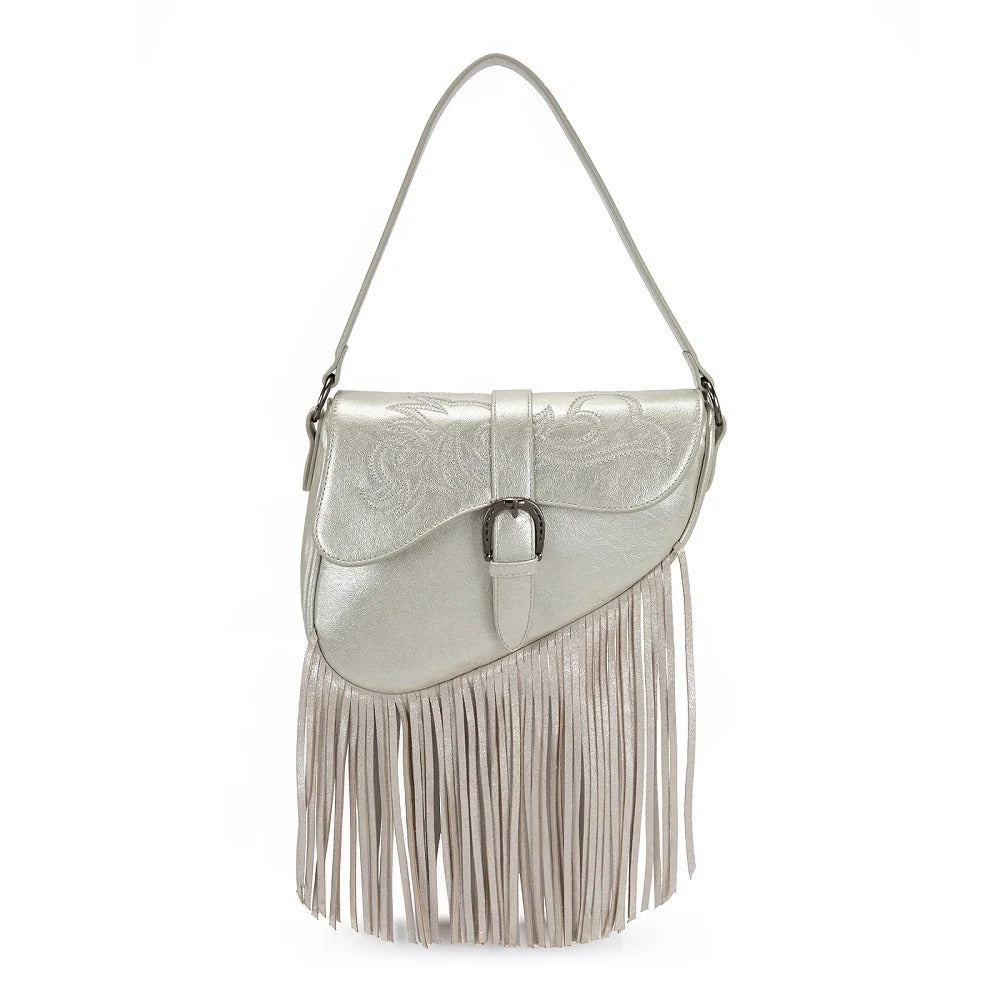 The Rhinestone Cowgirl Fringe Saddle Bag in Platinum by Wrangler