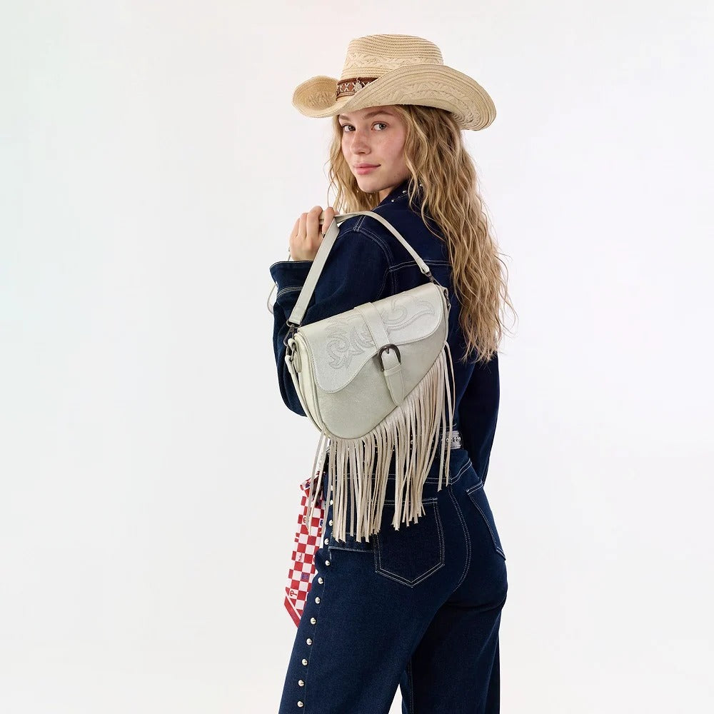 The Rhinestone Cowgirl Fringe Saddle Bag in Platinum by Wrangler