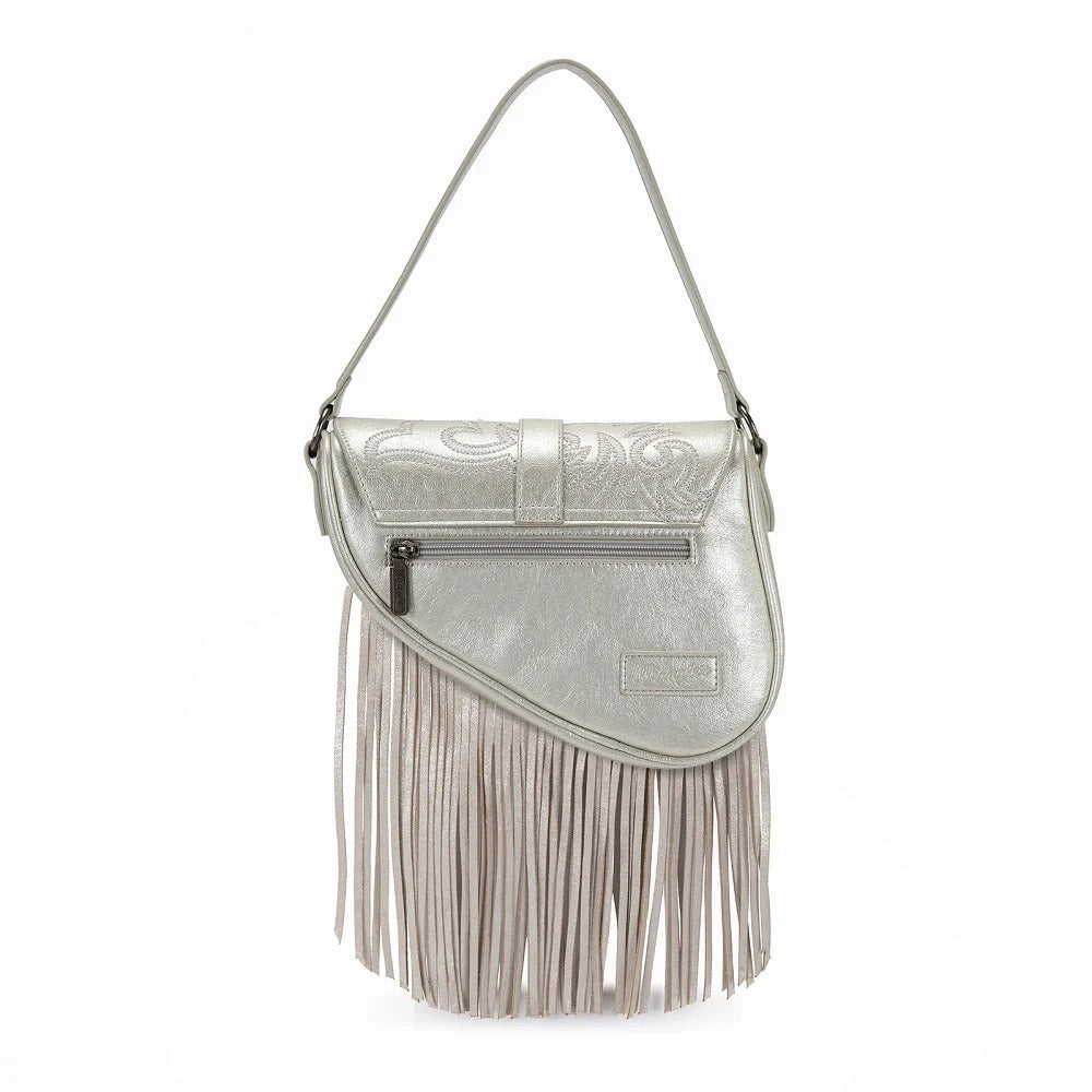 The Rhinestone Cowgirl Fringe Saddle Bag in Platinum by Wrangler