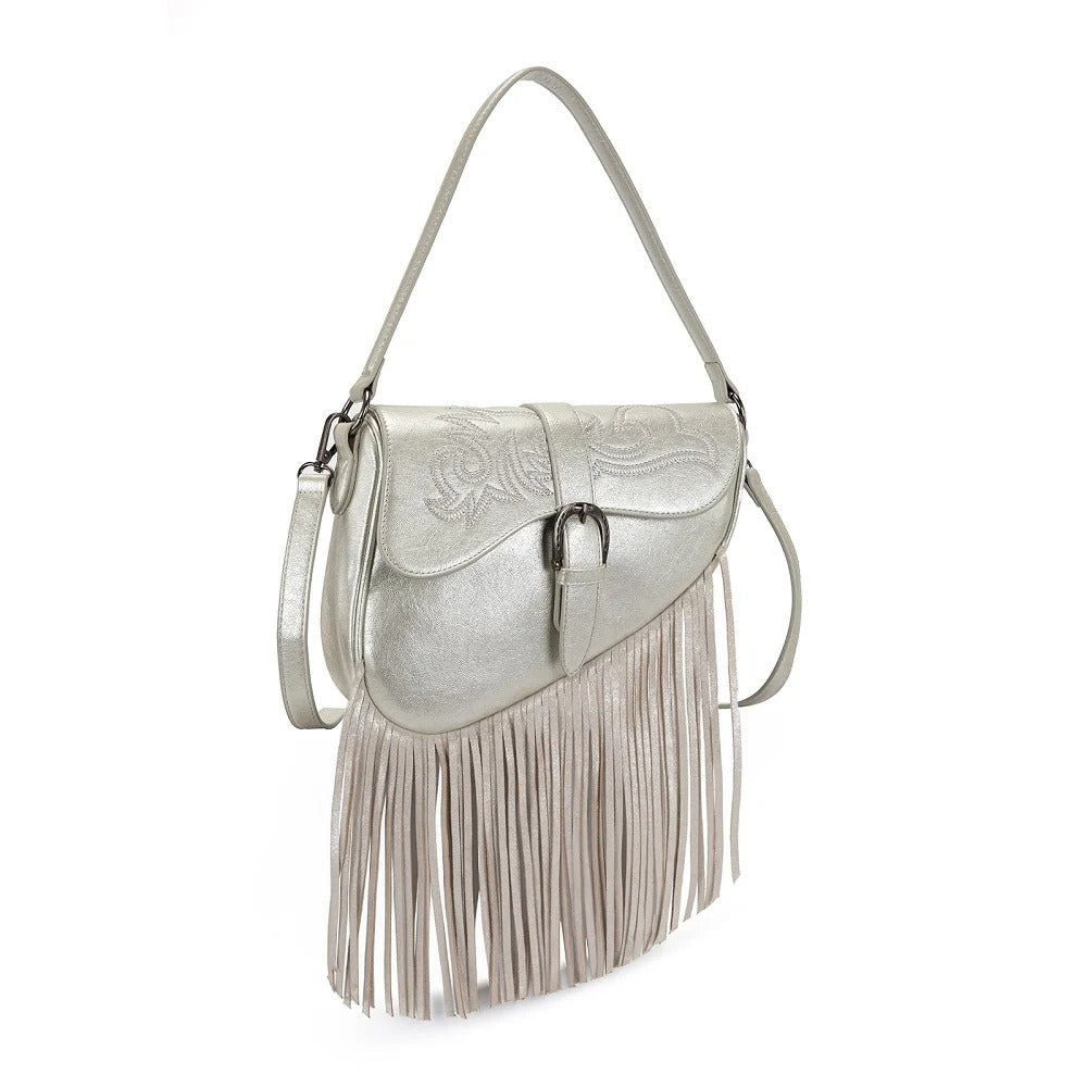 The Rhinestone Cowgirl Fringe Saddle Bag in Platinum by Wrangler
