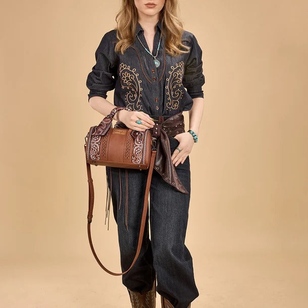 The Bandana Bandit Mini Barrel Purse by Wrangler - Brown