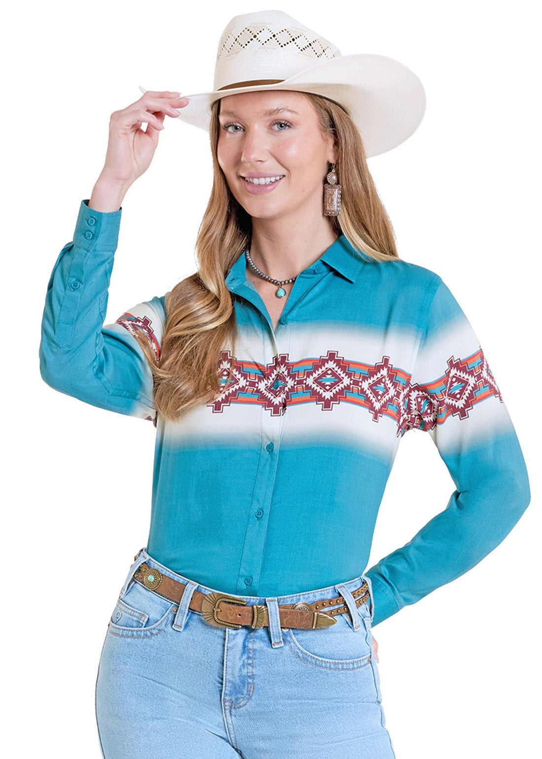 The Slide into Fame Women's Border Button Up Shirt by Panhandle Slim