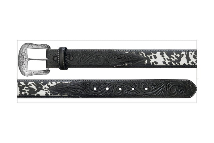 The Jenny Jolene Cowprint/Carved Floral Belt by Wrangler