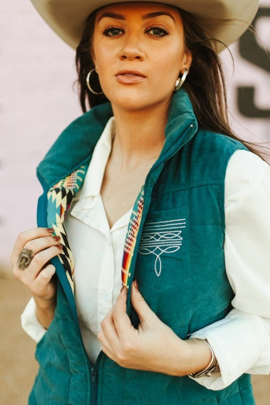 The Rodeo Queen Turquoise Boot Stitch Puffer Vest by Lucky & Blessed