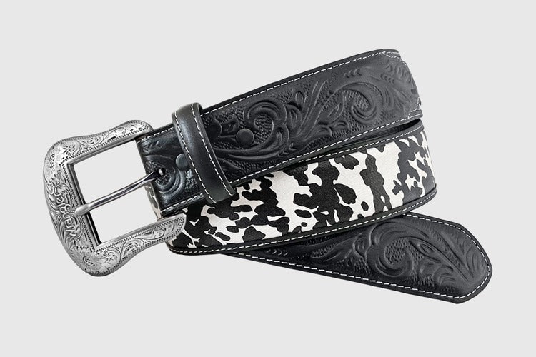 The Jenny Jolene Cowprint/Carved Floral Belt by Wrangler