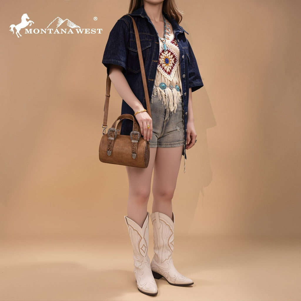 The Double Buckle Barrel Purse by Montana West in Brown