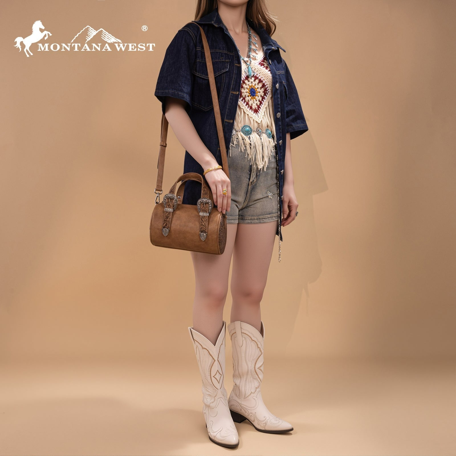 The Double Buckle Barrel Purse by Montana West in Brown