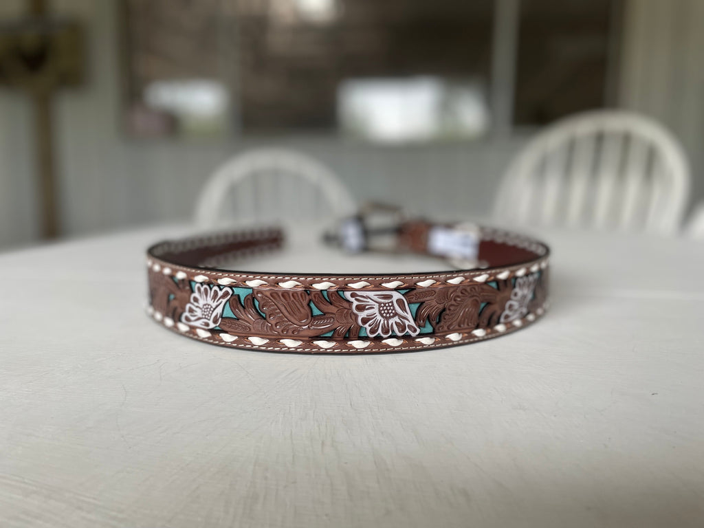 Turquoise Floral Buckstitch Perfection belt by Nocona
