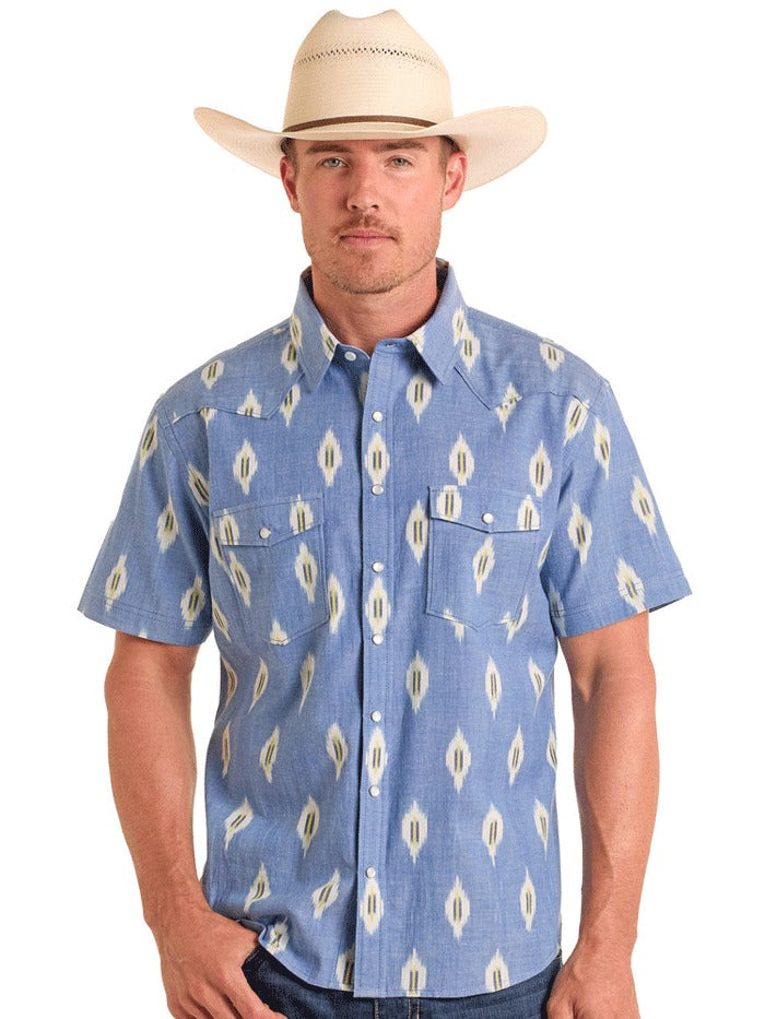 The Aztec Blue Sky Men's  SS Pearl Snap Shirt by Panhandle