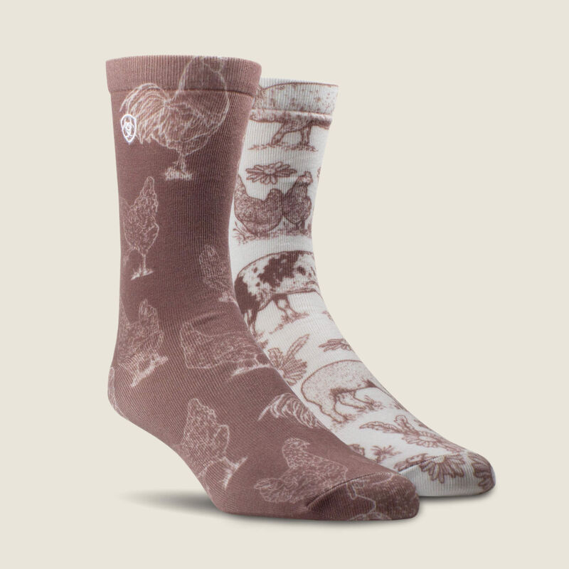 Ariat Women's Farm Friends Crew Socks - Milk Chocolate/White 2 Pack