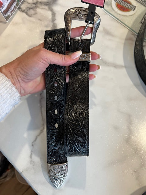 The Abigail in Cadillac Black Carved Floral Belt by Wrangler