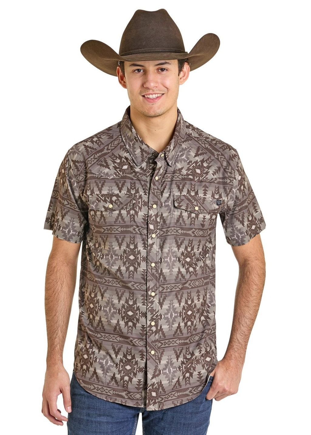 The Chocolate Dipped Aztec Men's SS Pearl Snap Shirt by Rock & Roll Denim