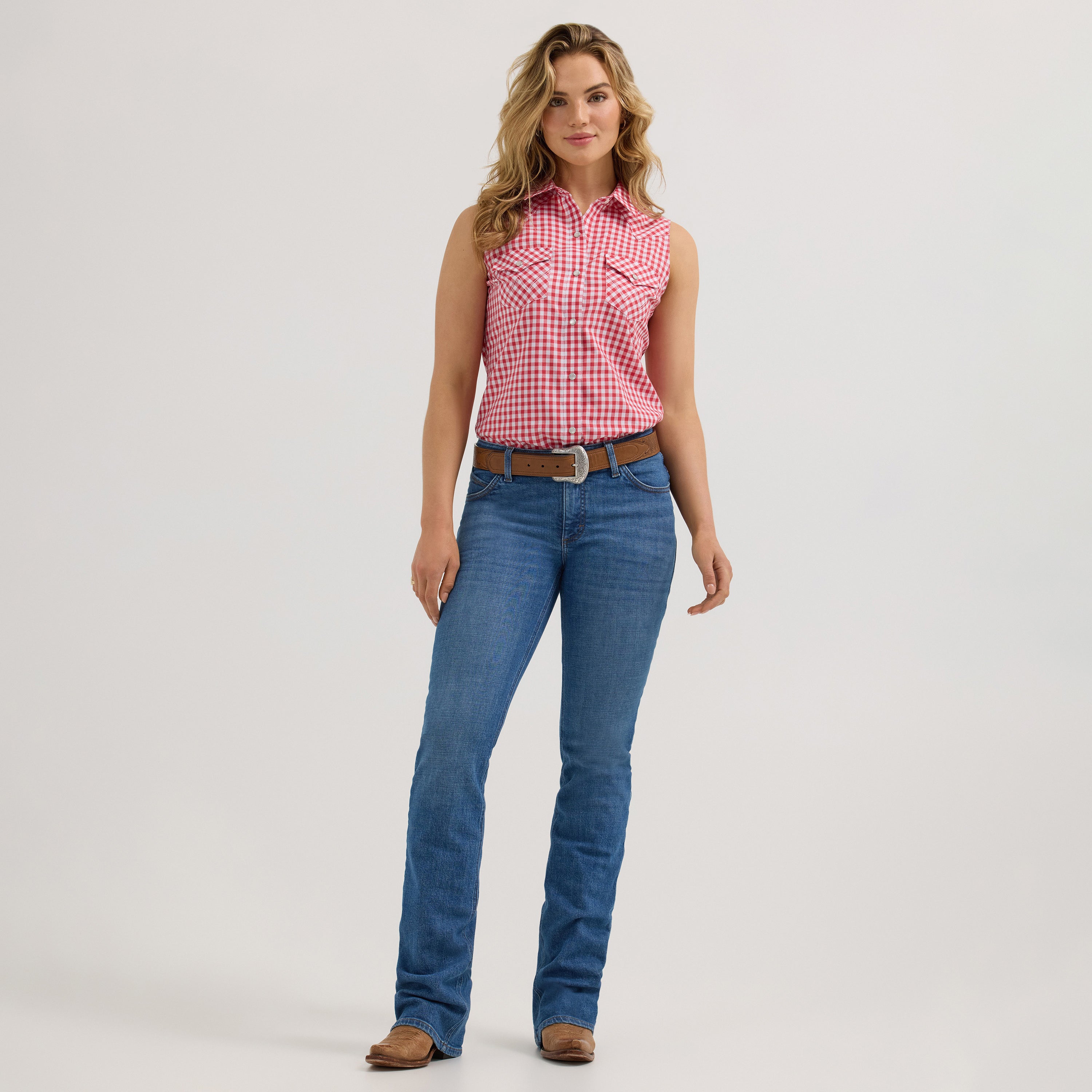 The Lucy Gingham Pearl Snap Sleeveless Shirt by Wrangler