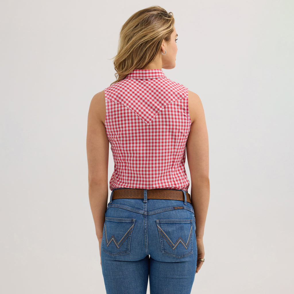 The Lucy Gingham Pearl Snap Sleeveless Shirt by Wrangler