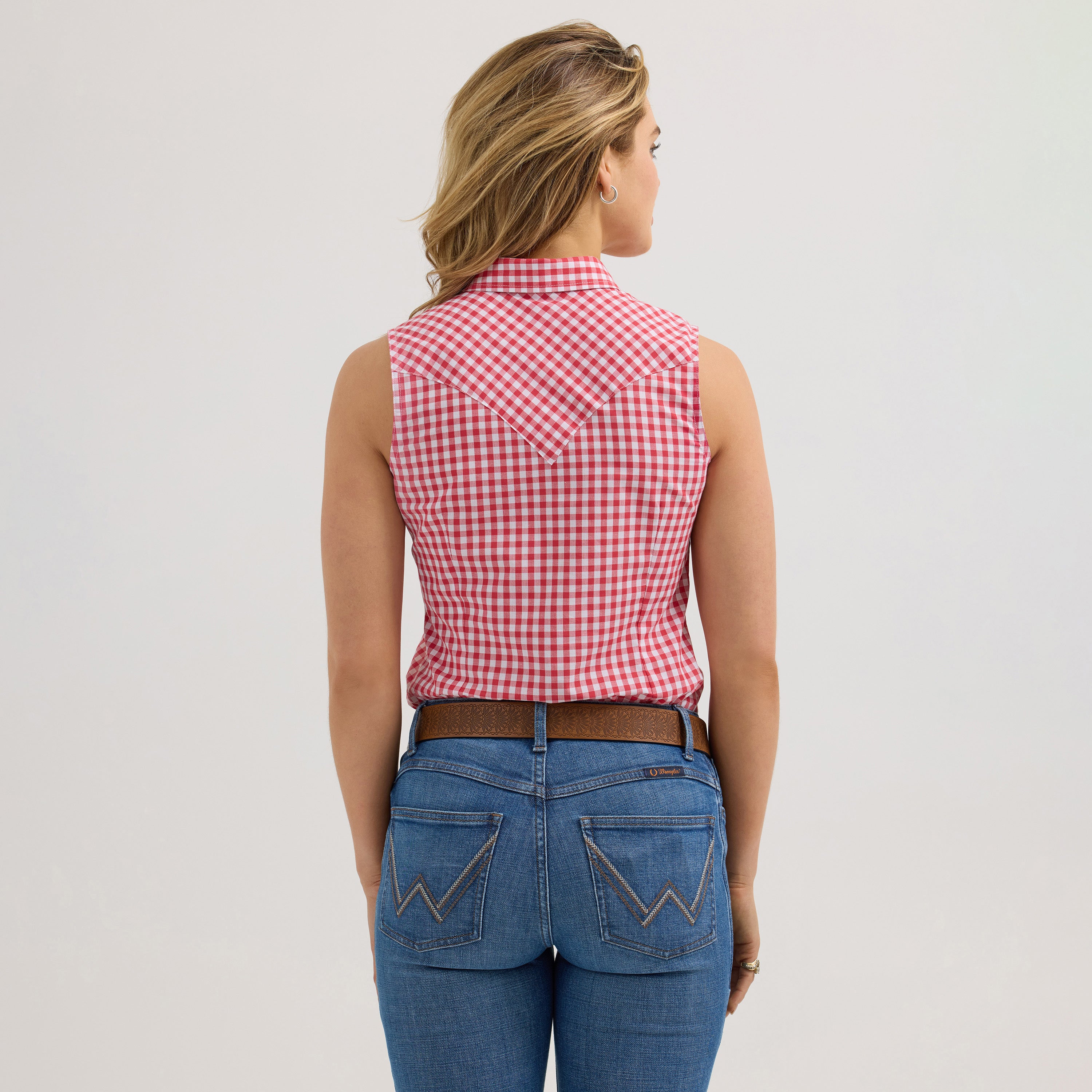The Lucy Gingham Pearl Snap Sleeveless Shirt by Wrangler