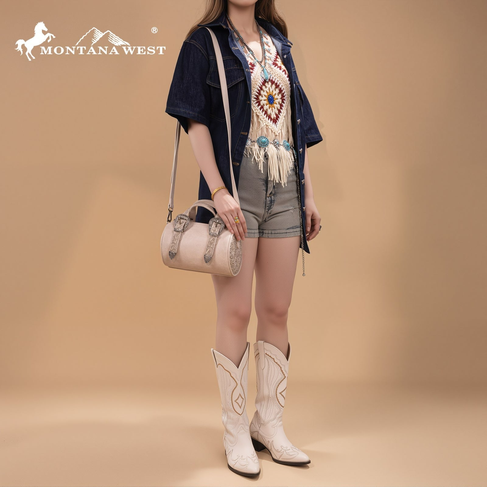 The Double Buckle Barrel Purse by Montana West in Beige