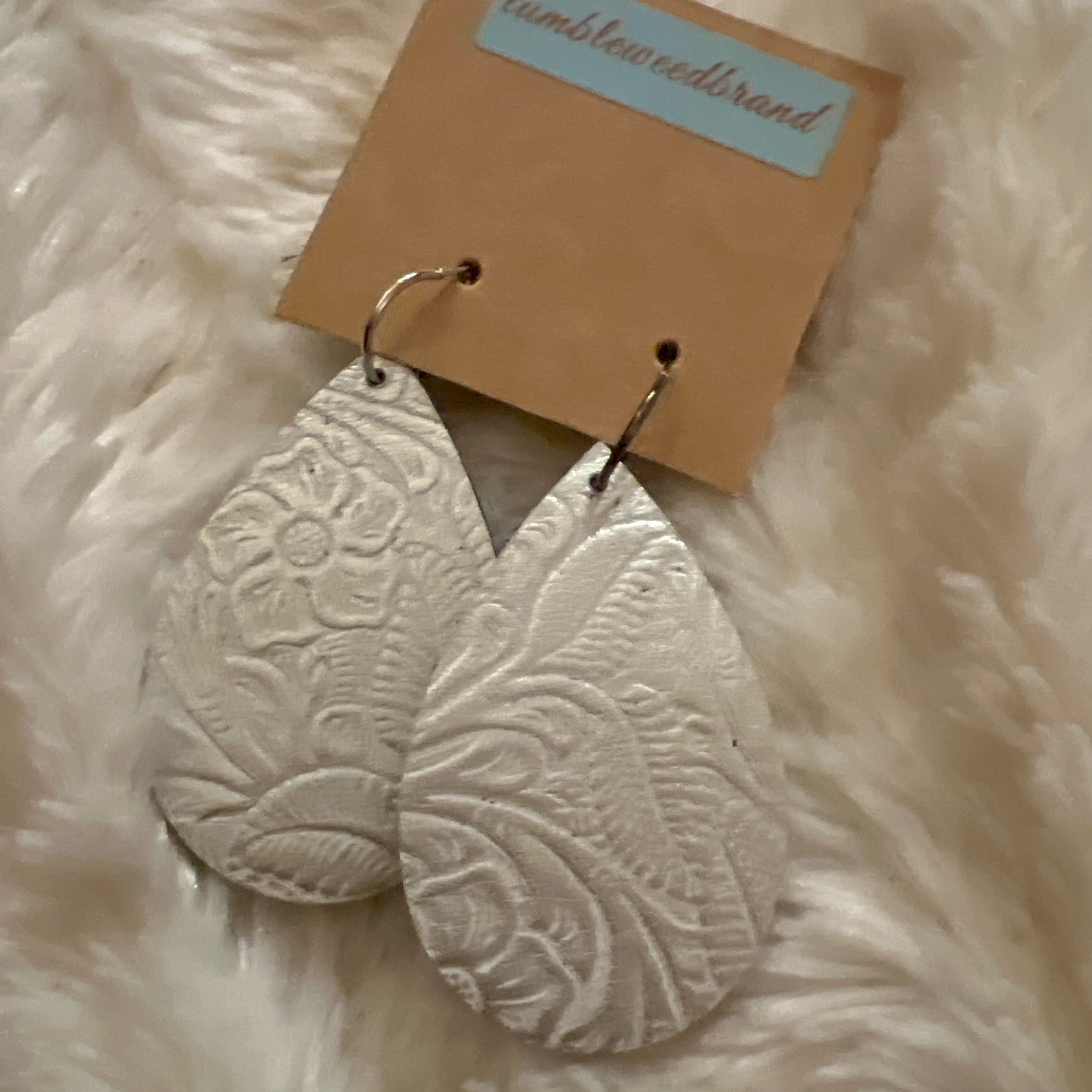 Fancy Tooled Silver Leather Teardrop Earrings