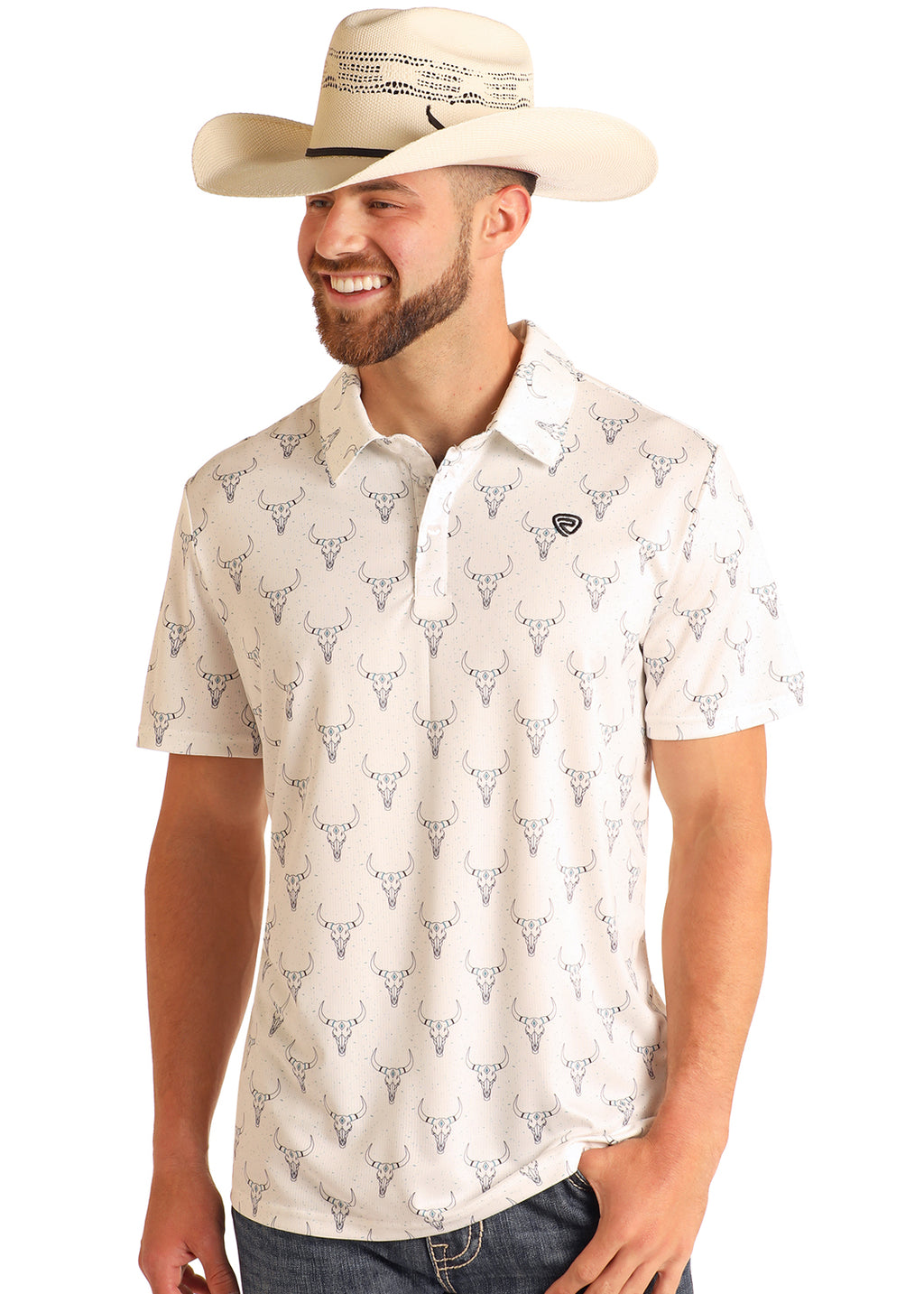 The Turquoise Studded Steer Polo Shirt by Rock & Roll Denim - White