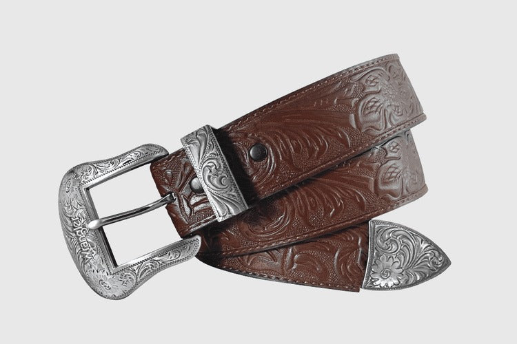 The Linda Ray Coffee Brown Carved Floral Belt by Wrangler