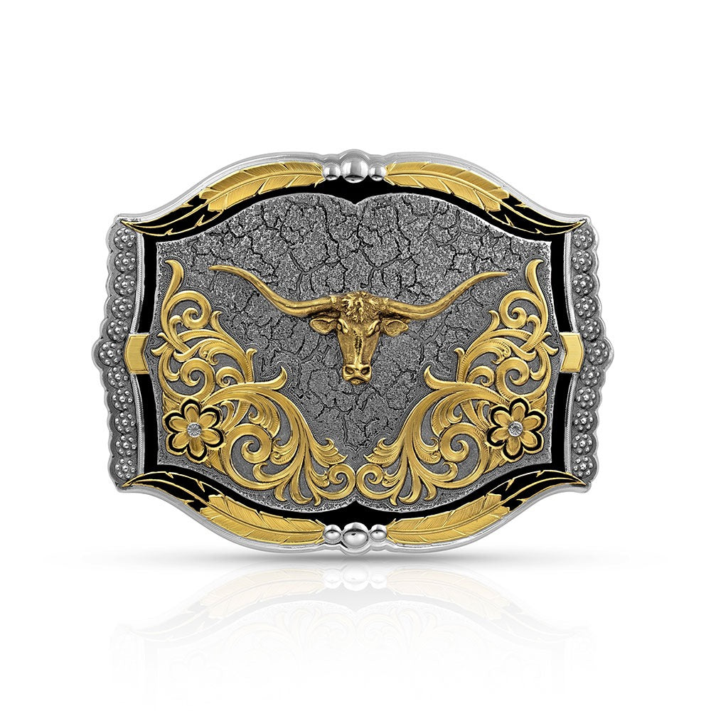 Cracked Earth Longhorn Buckle by Montana Sliversmiths