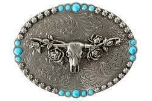 Long Horns & Roses Belt Buckle