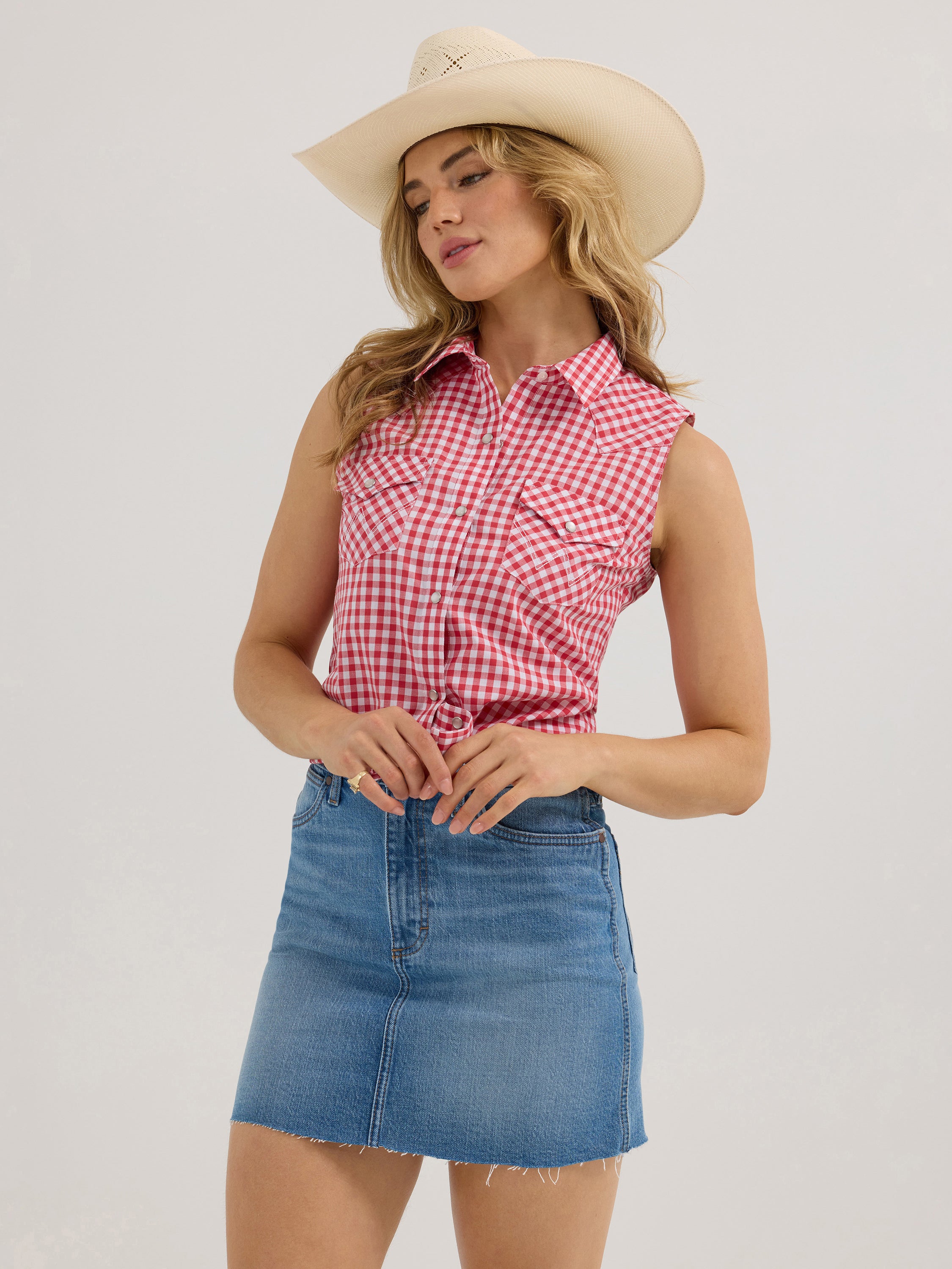 The Lucy Gingham Pearl Snap Sleeveless Shirt by Wrangler