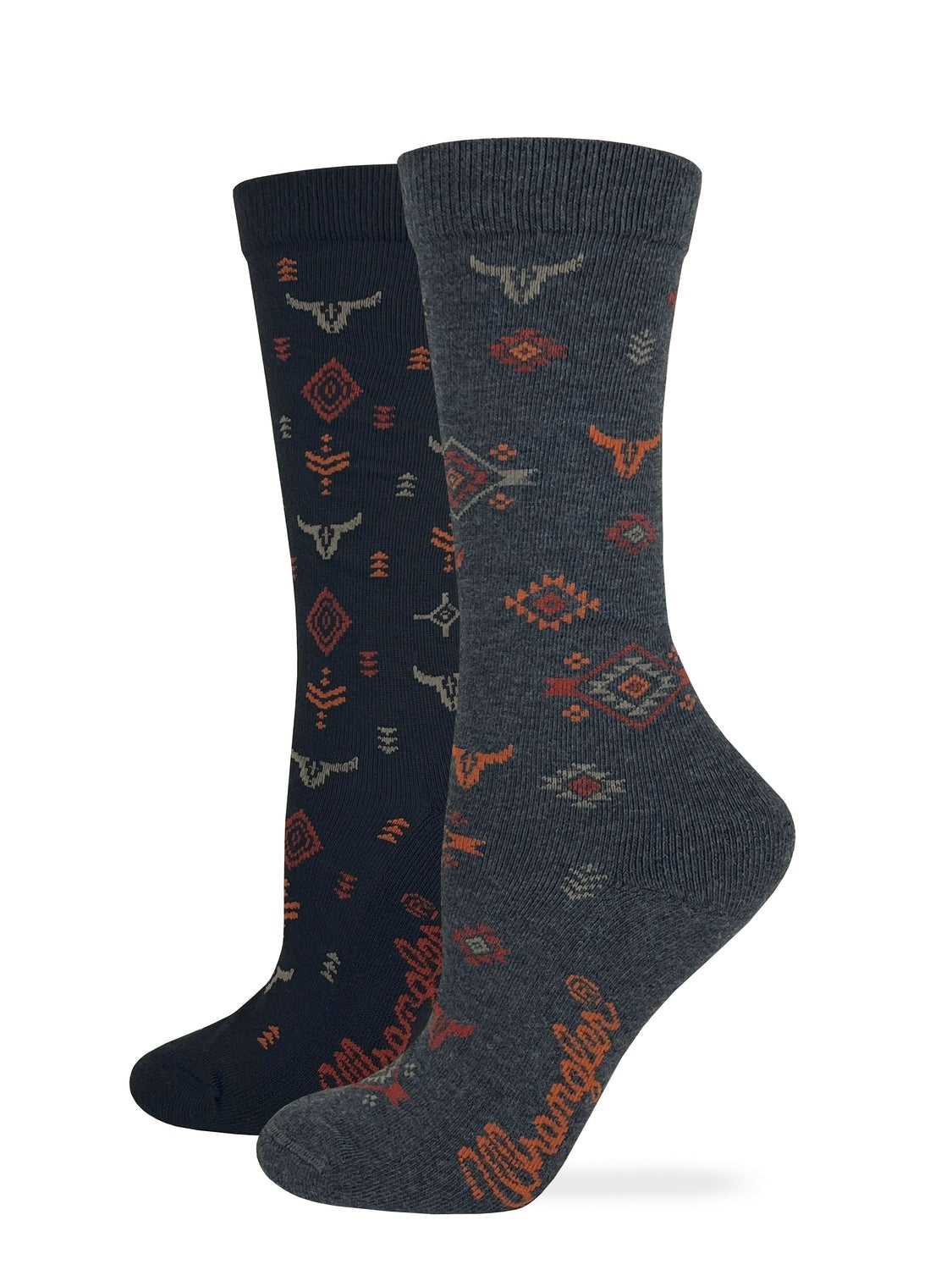 Wrangler Women's Aztec Steer Head Socks - 2 Pack Blk/Dk Gry