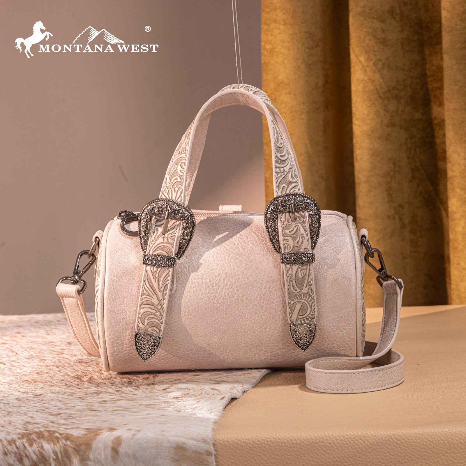 The Double Buckle Barrel Purse by Montana West in Beige
