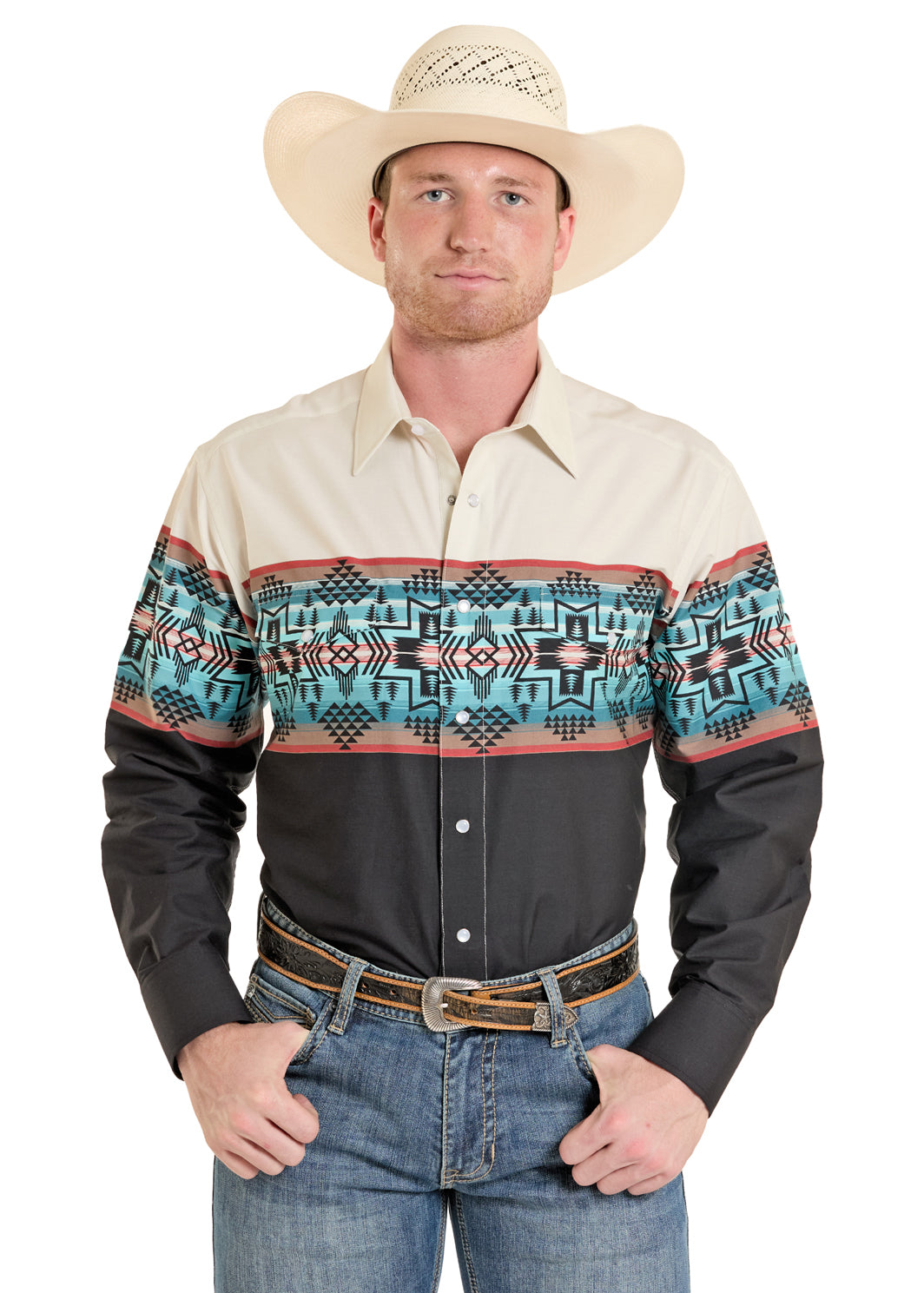 The 90's Cowboy Spirit Border Print Peal Snap Shirt by Rock & Roll Denim