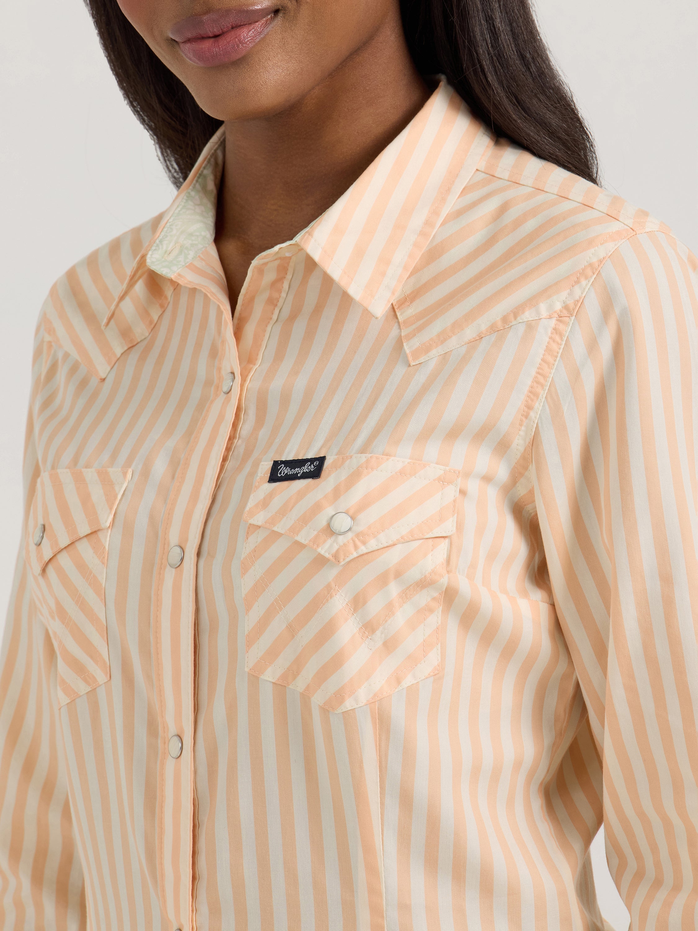 The Peachy Keen Striped Pearl Snap Shirt by Wrangler