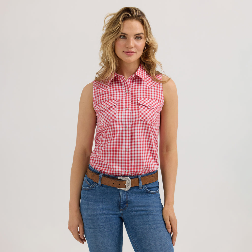 The Lucy Gingham Pearl Snap Sleeveless Shirt by Wrangler