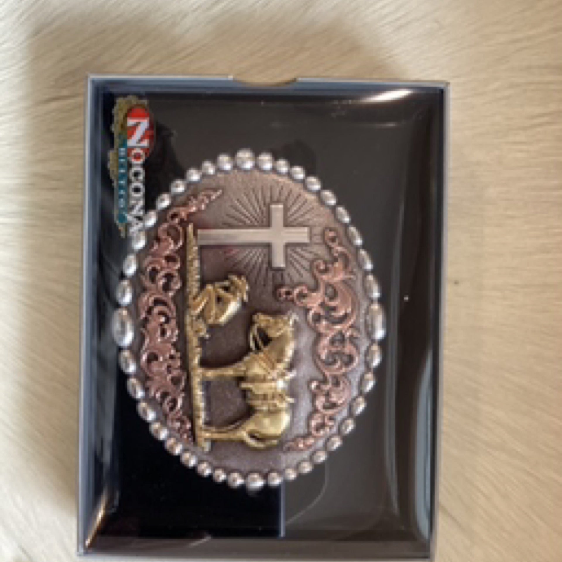 The Prayerful Cowboy w Copper Belt Buckle by Nocona