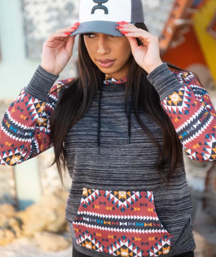Women's Hooey Summit Hoodie in Charcoal/Rust Aztec