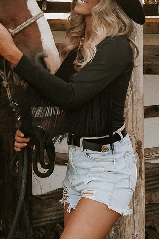 The Bailey Black One Sleeve Fringe Body Suit