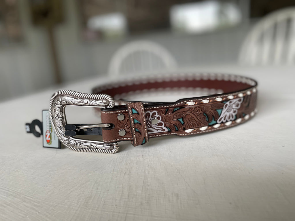 Turquoise Floral Buckstitch Perfection belt by Nocona