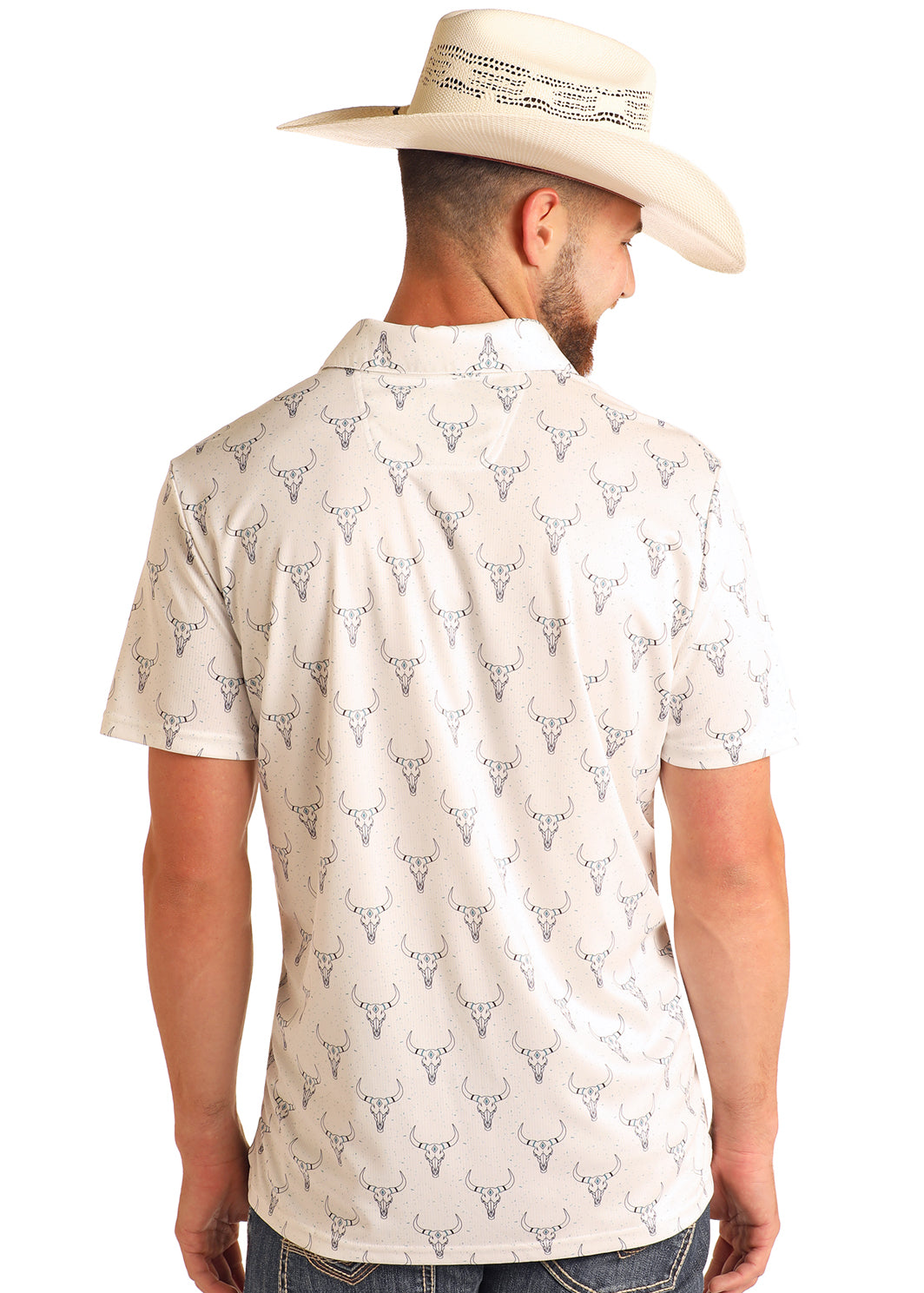 The Turquoise Studded Steer Polo Shirt by Rock & Roll Denim - White